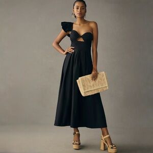 Anthropologie Eva Franco One Shoulder Black Midi Dress Cutout Ruffle Sz 12 EUC